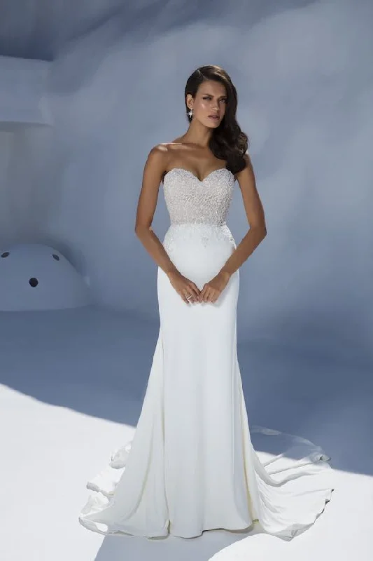 *NEW* Justin Alexander All Ivory Size 12 Crepe Mermaid Style Gown with Sweetheart Neckline & Beaded Bodice - #88004