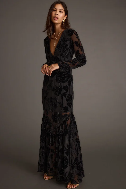 Angela Black Velvet Burnout Long Sleeve Maxi Dress