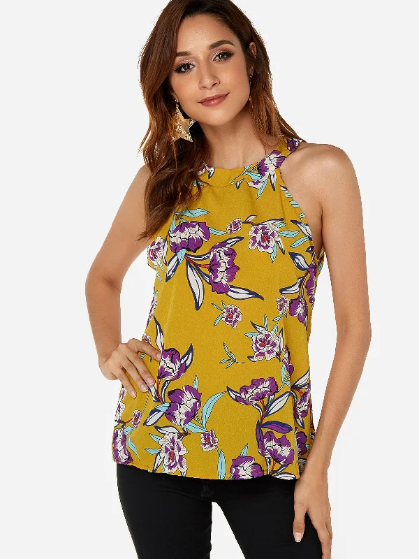 OEM ODM Round Neck Floral Print Backless Sleeveless Yellow Camis