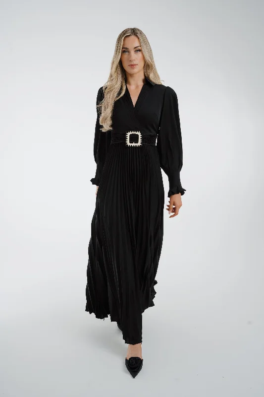 Taylor Belted Pleat Dress In Black