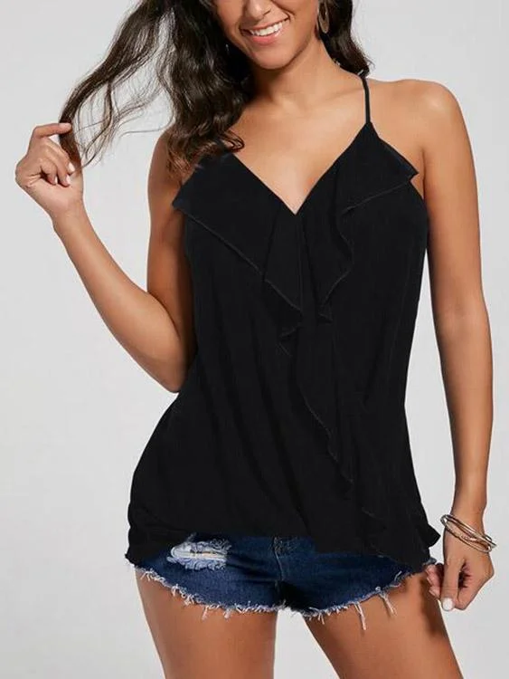 OEM ODM V-Neck Cold Shoulder Crossed Front Lace-Up Slit Sleeveless Irregular Hem Black Camis