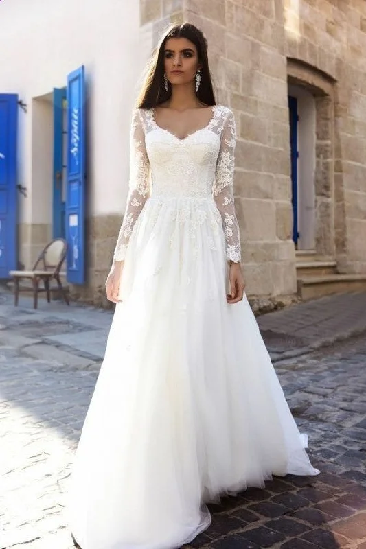 A-line Lace Long Sleeves Wedding Dress 2019 Spring Style