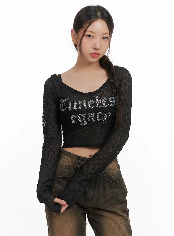 Lettering Mesh Crop Long Sleeve Tee CO404