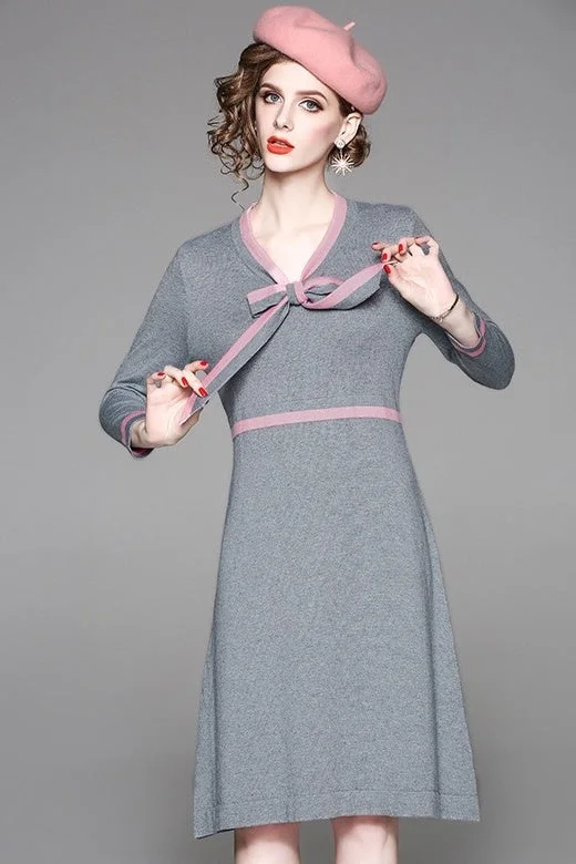 V Neck Sweater Dress W/ Tie