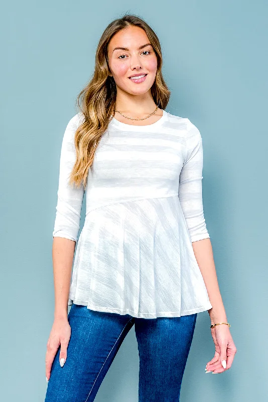 Striped Round Neck 3/4 Sleeve Asymmetrical Peplum Top in Light Grey (D71409)