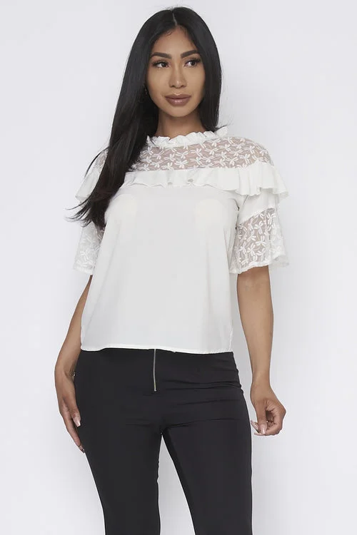 Round Neck Ruffle Sleeve With Lace Top (T418)