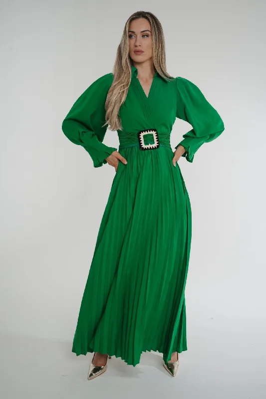 Taylor Belted Pleat Dress In Green