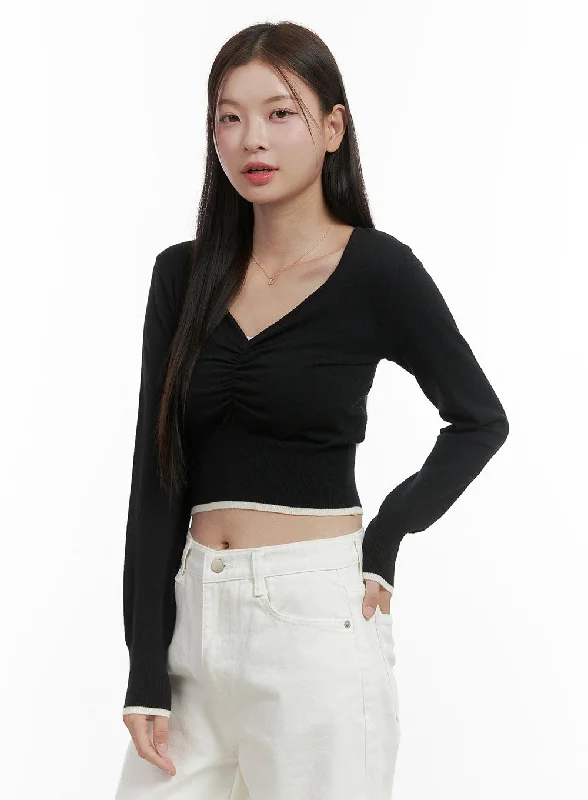 Slim Fit V-Neck Crop Knit Top OO416