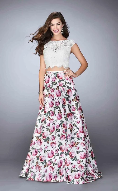 La Femme - 24428 Fringy Lace Bateau Illusion Floral Long Evening Gown