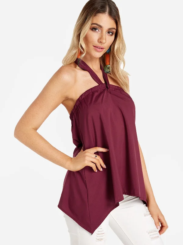 OEM ODM Halter Plain Sleeveless Irregular Hem Burgundy Camis