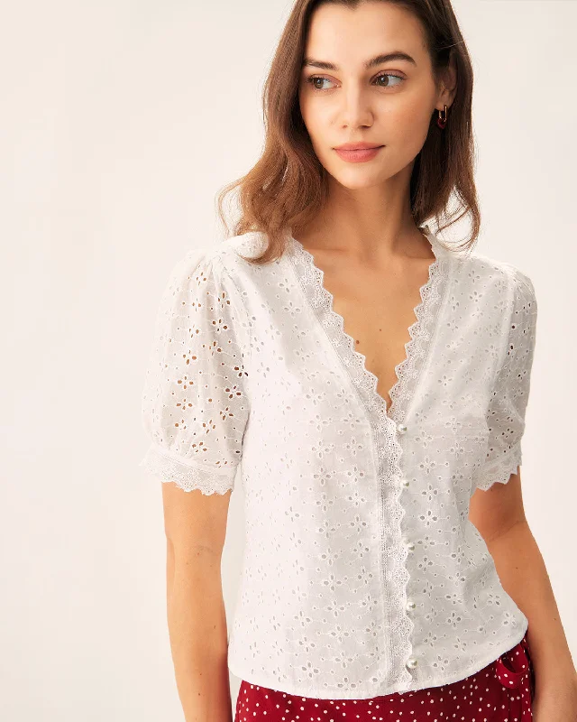 White Embroidery Puffed Sleeve Blouse