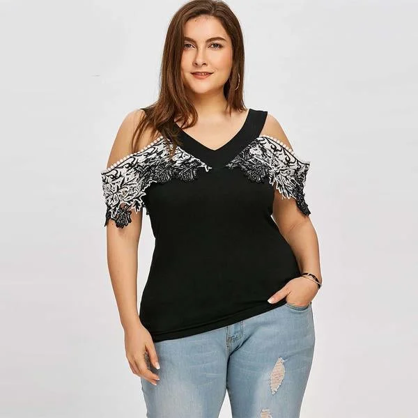 ANALUKE Embroidery Lace Trim Cold Shoulder Short Sleeve T-Shirt