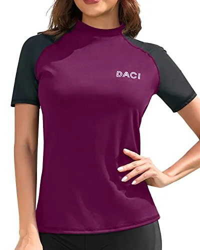 Uv Block Women's Swim Shirt Without Built-In Bra Short Sleeve Rashguard Top Swim Shirt-Maroon