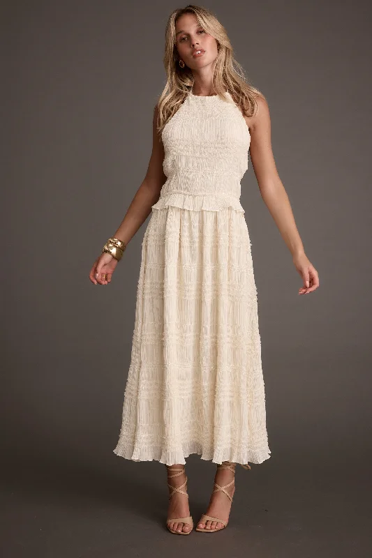 Quinn Ivory High Neck Shimmer Chiffon Maxi Dress