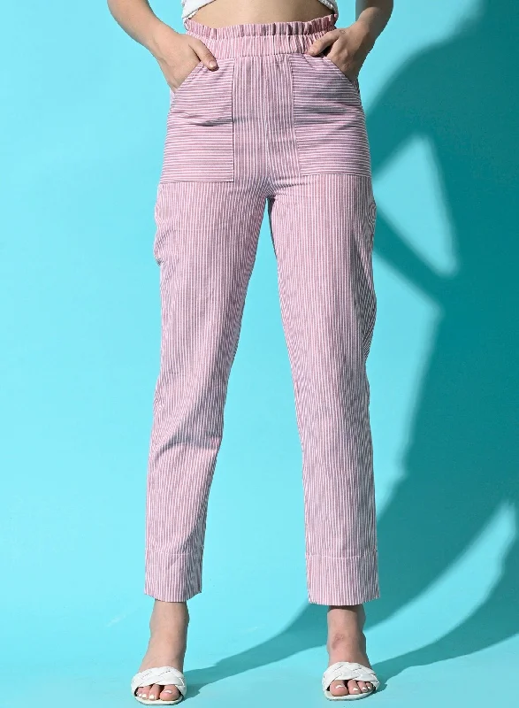 SMERA MART Women Cotton Stripe Regular Fit High Waisted Trouser with Pocket - Pink