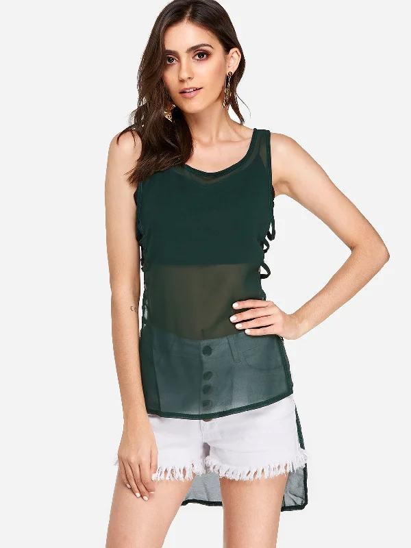 OEM ODM Cut Out Sleeveless Irregular Hem Green Camis