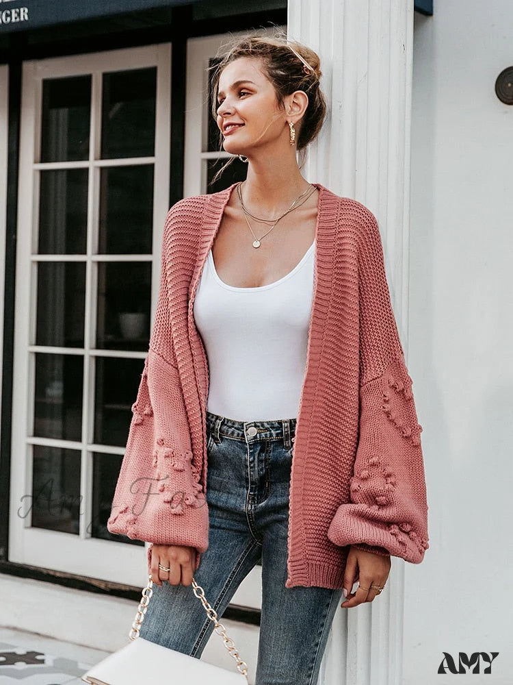 Amy Fashion - Simplee Loose women knitted lantern sleeve cardigans