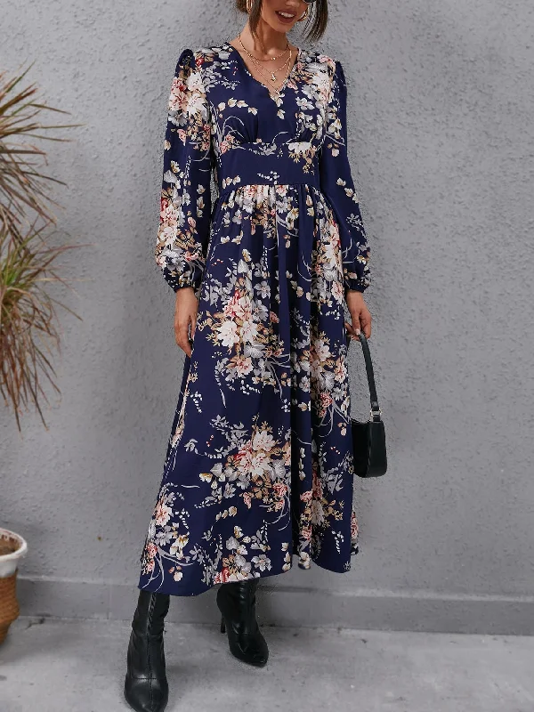 All Over Print Long Sleeve V Neck Flared High Waist Long Dress