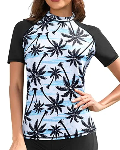 Stylish Women's Swim Top Multiple Color Options Short Sleeve Rashguard Top Swim Shirt-Black Palm Tree