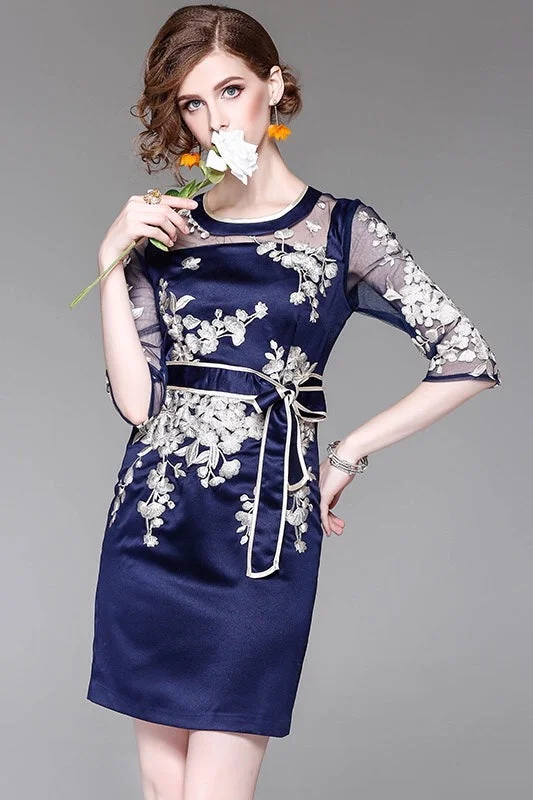 Navy Floral Embroidered Dress