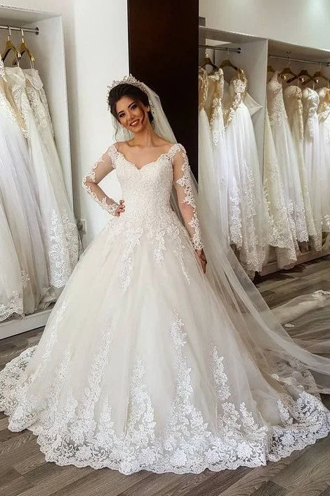 Romantic Lace Wedding Gown Dress with Sheer Long Sleeves