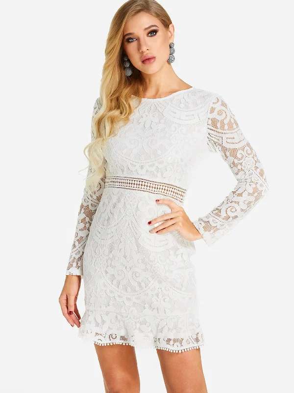 Wholesale White Crew Neck Long Sleeve Lace Backless Mini Dress