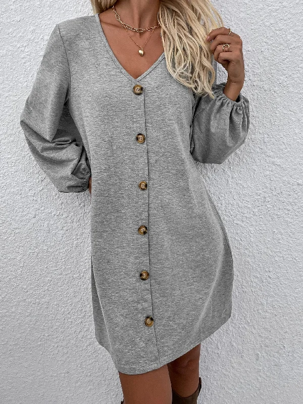 Plain Fake Buttons Long Sleeve V Neck Straight Natural Short Dress