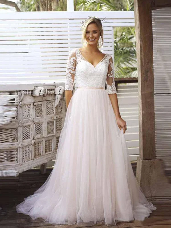 Gorgeous V Neck Long Sleeves Tulle Wedding Dresses