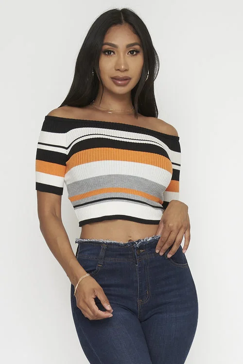 Pretty Stripe Off the shoulders Crop Top (SJL066)