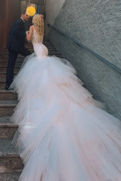 Tulle and Lace Mermaid Wedding Dresses Long Train