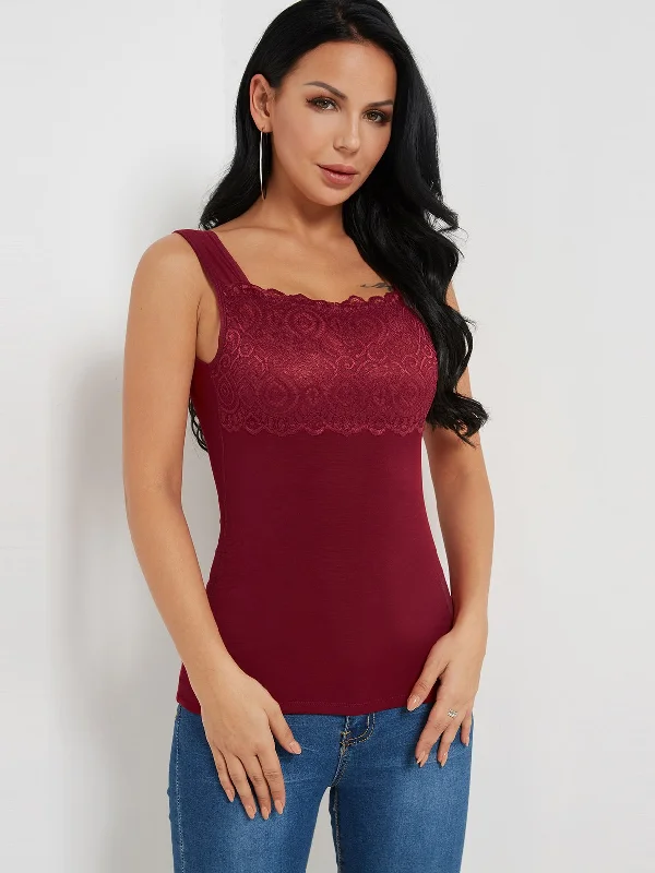 OEM ODM Scoop Neck Plain Lace Sleeveless Burgundy Tank Top