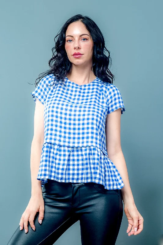 Gingham Plaid Print  Short Sleeve Top With Peplum Waist Tie Back  (L5005)