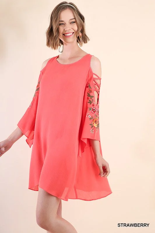 Floral Embroidered Angel Sleeve Dress