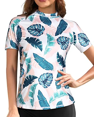 Sun Protection Women's Swimwear Top Short Sleeve Rashguard Top Swim Shirt-Blue And Pink Leaf