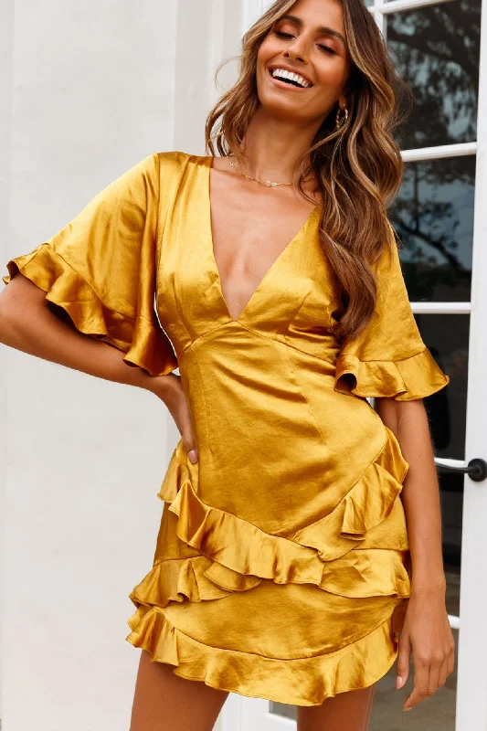 Miss Coco Angel Sleeve Ruffle Trim Dress Mustard