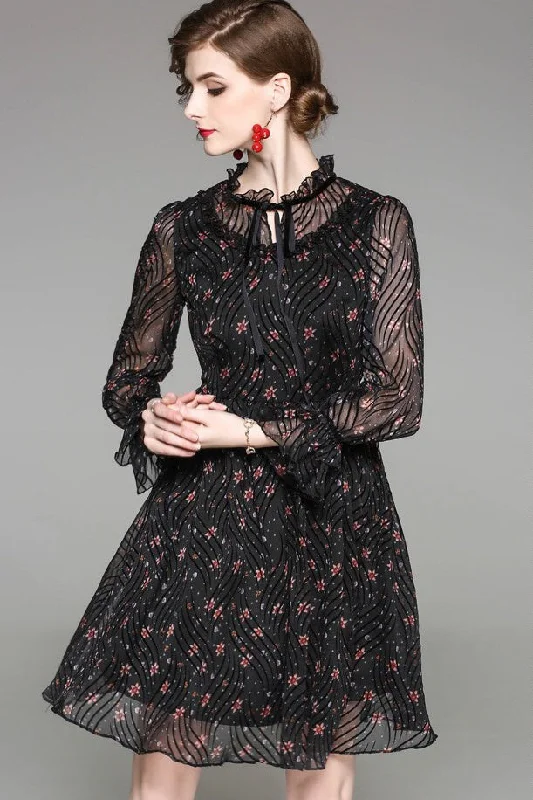 Small Flower Black Chiffon Dress