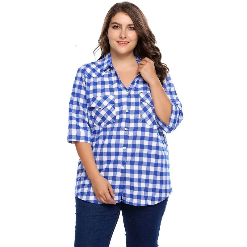 ANALUKE Plaid Button Down Pullovers Short Sleeve Blouse