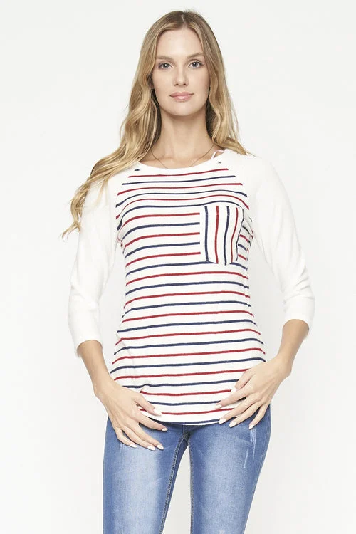 Red and Blue Striped 3/4 Sleeve Round Neck Top* (D71104)