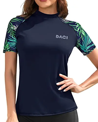 Breathable Women's Swim Top Short Sleeve Rashguard Top Swim Shirt-Blue Green Leaves