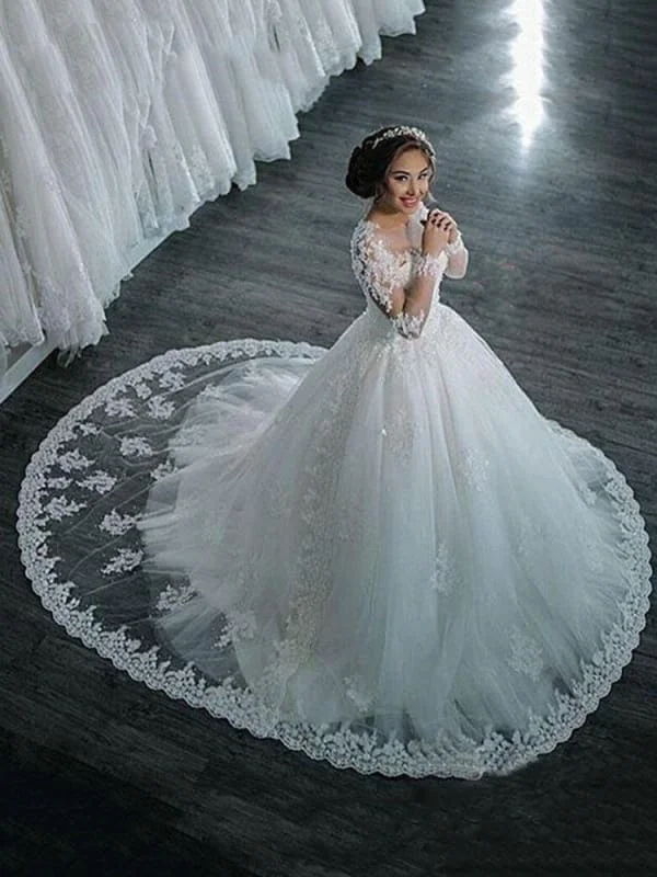 Modest Sheer Neck Long Sleeves Ball Gown Wedding Dresses