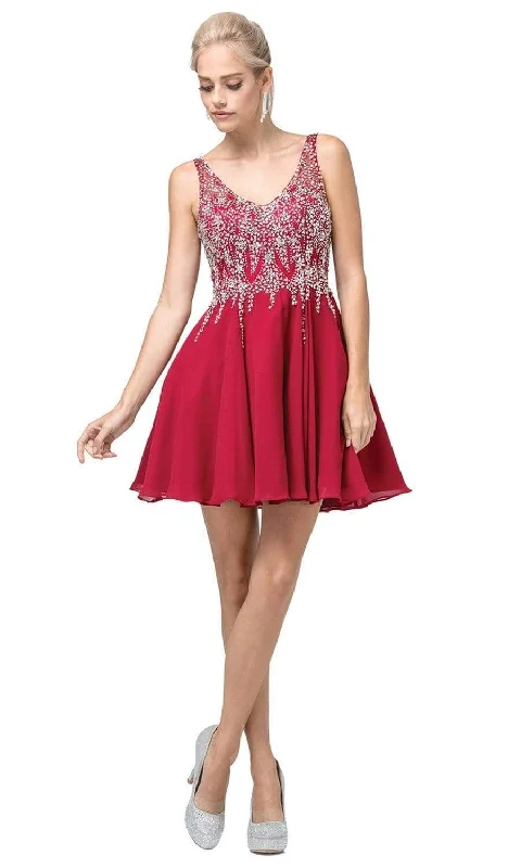 Dancing Queen - 3129 Embellished V-Neck A-Line Cocktail Dress