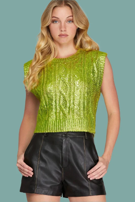 Sleeveless Cable Knit Metallic Crop Sweater