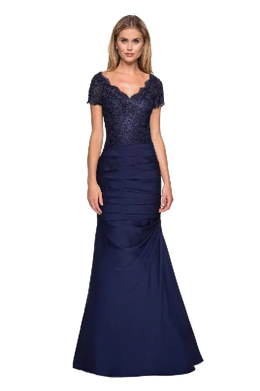 La Femme - 26979 Short Sleeve Lace Bodice Pleated Trumpet Gown